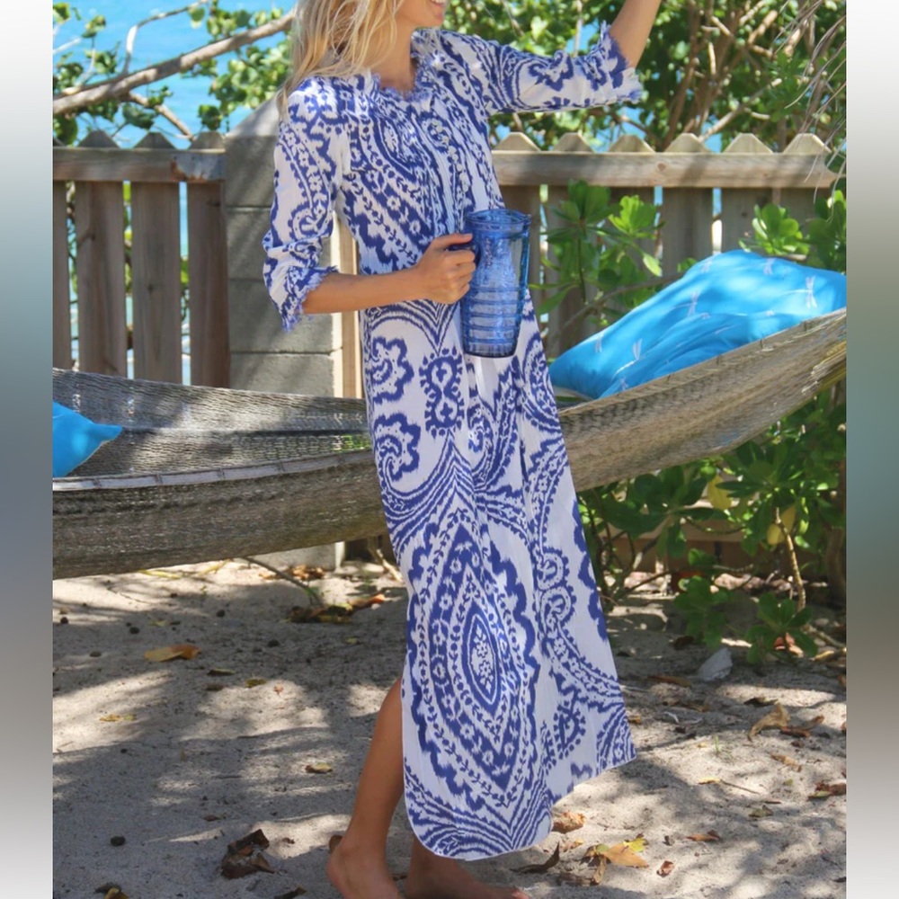 NWT At Last Cotton Annabel Maxi Dress in Blue & White Ikat